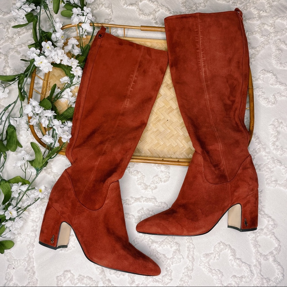 Sam Edelman Red Hai Paprika Suede Tall Heeled Boots sz 8